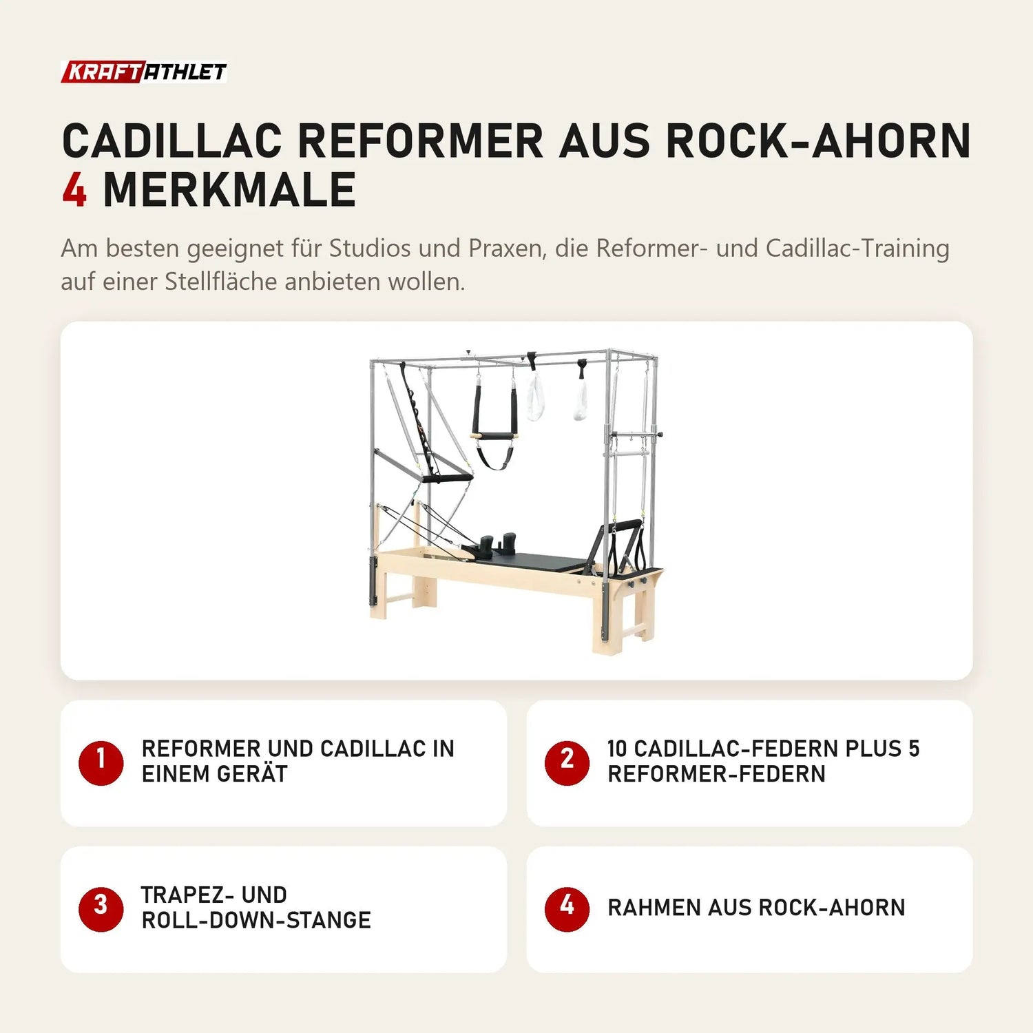 Elina Pilates Cadillac Reformer aus Rock-Ahorn mit 4 Merkmalen: Reformer und Cadillac in einem Gerät, 10 Cadillac-Federn plus 5 Reformer-Federn, Trapez- und Roll-Down-Stange, Rahmen aus Rock-Ahorn
