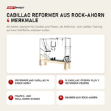 Elina Pilates Cadillac Reformer aus Rock-Ahorn mit 4 Merkmalen: Reformer und Cadillac in einem Gerät, 10 Cadillac-Federn plus 5 Reformer-Federn, Trapez- und Roll-Down-Stange, Rahmen aus Rock-Ahorn