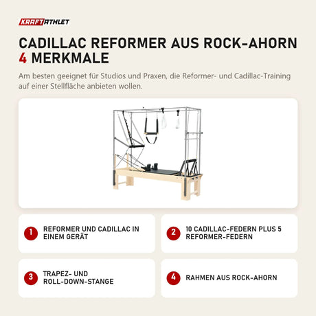Elina Pilates Cadillac Reformer aus Rock-Ahorn mit 4 Merkmalen: Reformer und Cadillac in einem Gerät, 10 Cadillac-Federn plus 5 Reformer-Federn, Trapez- und Roll-Down-Stange, Rahmen aus Rock-Ahorn