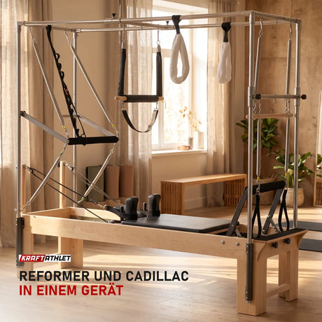 Elina Pilates Cadillac Reformer aus Rock-Ahorn in einem hellen Pilates-Studio mit Holz und Leinen