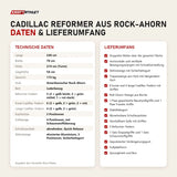 Technische Daten und Lieferumfang von Elina Pilates Cadillac Reformer aus Rock-Ahorn als Tabelle