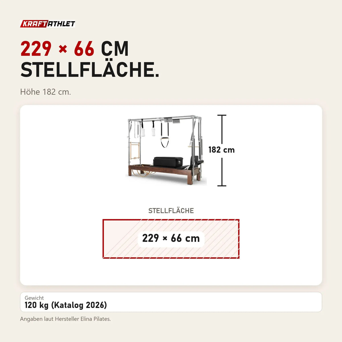 Maßbild Elina Pilates Cadillac Reformer aus Walnussholz: Stellfläche 229 × 66 cm, Höhe 182 cm