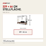 Maßbild Elina Pilates Cadillac Reformer aus Walnussholz: Stellfläche 229 × 66 cm, Höhe 182 cm