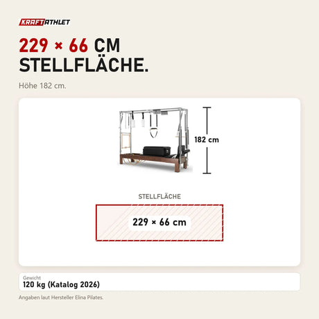 Maßbild Elina Pilates Cadillac Reformer aus Walnussholz: Stellfläche 229 × 66 cm, Höhe 182 cm