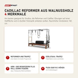 Elina Pilates Cadillac Reformer aus Walnussholz mit 4 Merkmalen: Reformer und Trapez, Edelstahl-Trapez, Arm- und Beinfedern plus Roll-Down-Federn, Push-Bar in 3 Höhen