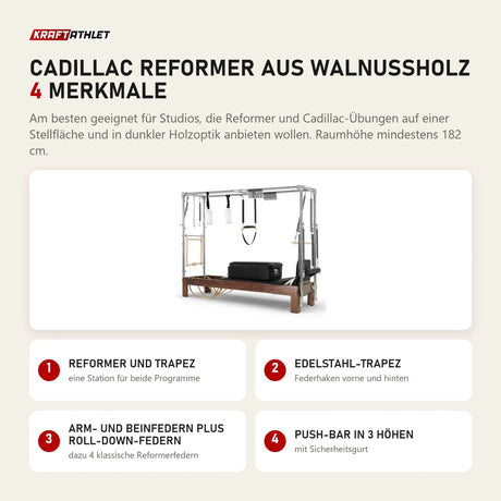 Elina Pilates Cadillac Reformer aus Walnussholz mit 4 Merkmalen: Reformer und Trapez, Edelstahl-Trapez, Arm- und Beinfedern plus Roll-Down-Federn, Push-Bar in 3 Höhen