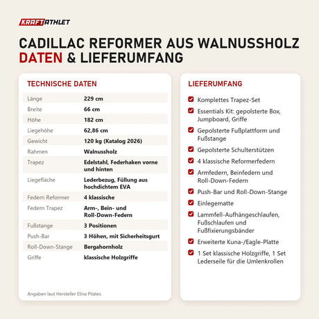 Technische Daten und Lieferumfang von Elina Pilates Cadillac Reformer aus Walnussholz als Tabelle