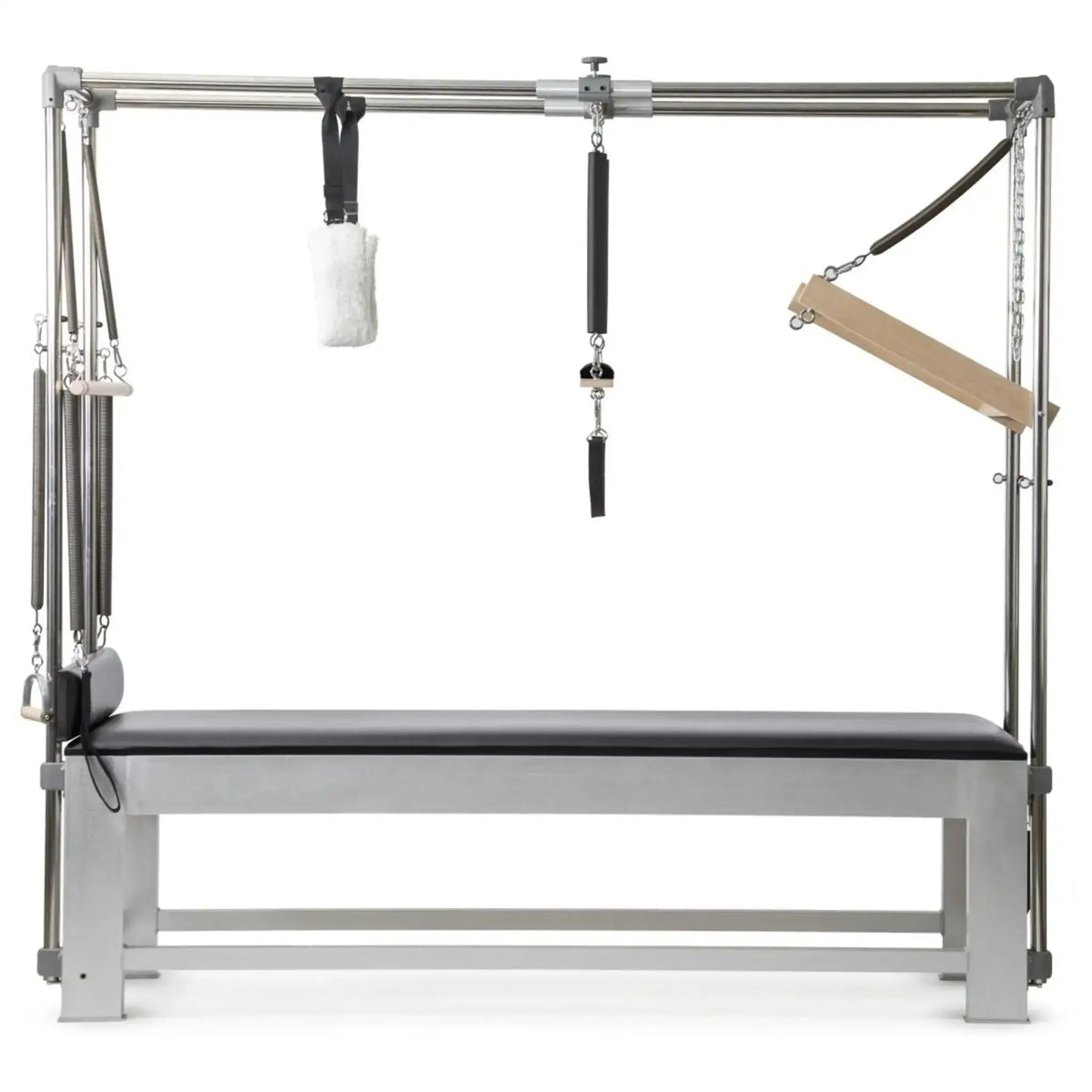 Elina Pilates Classic Cadillac aus Aluminium – Frontalansicht mit Trapez und Federstange