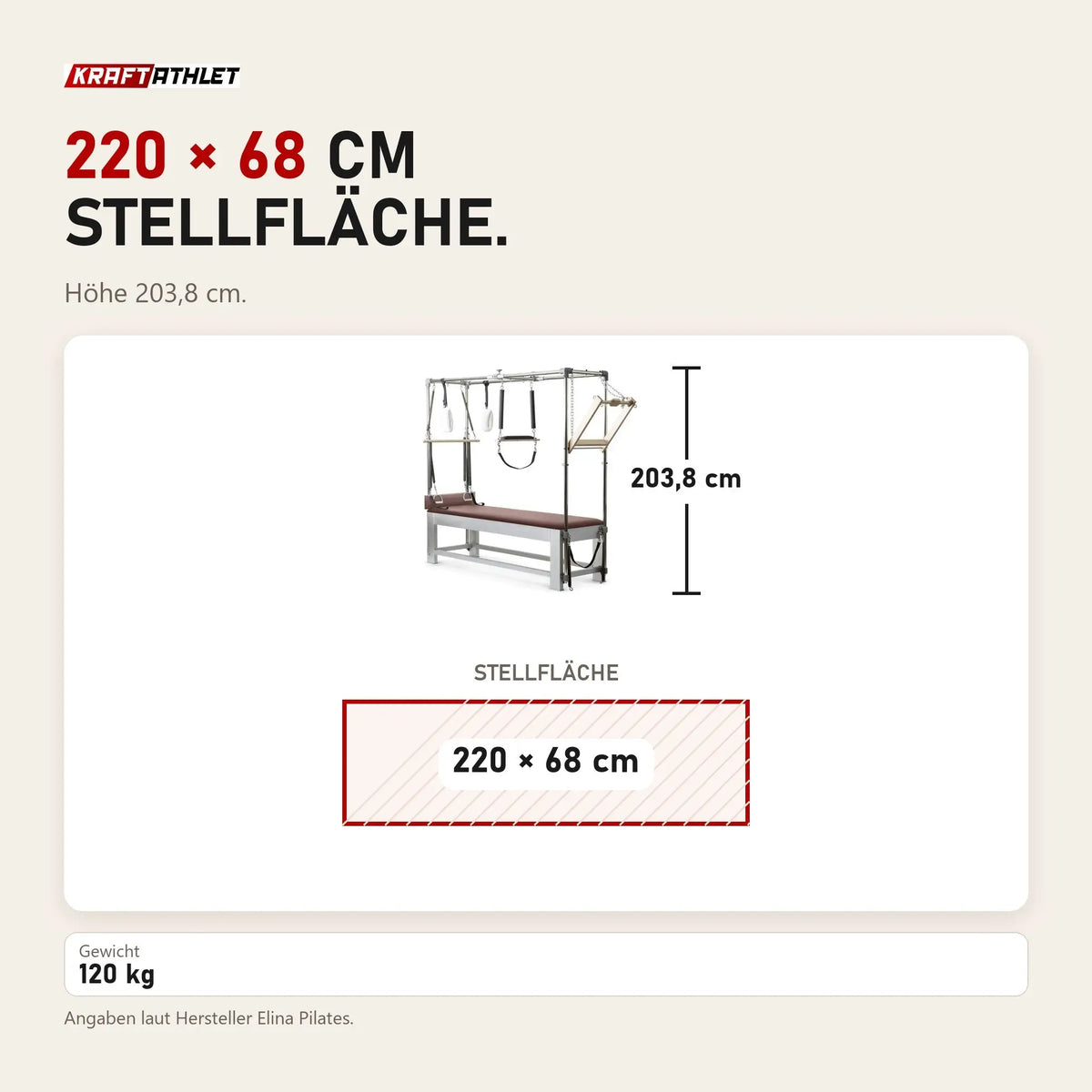 Maßbild Elina Pilates Classic Cadillac aus Aluminium: Stellfläche 220 × 68 cm, Höhe 203,8 cm