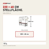 Maßbild Elina Pilates Classic Cadillac aus Aluminium: Stellfläche 220 × 68 cm, Höhe 203,8 cm