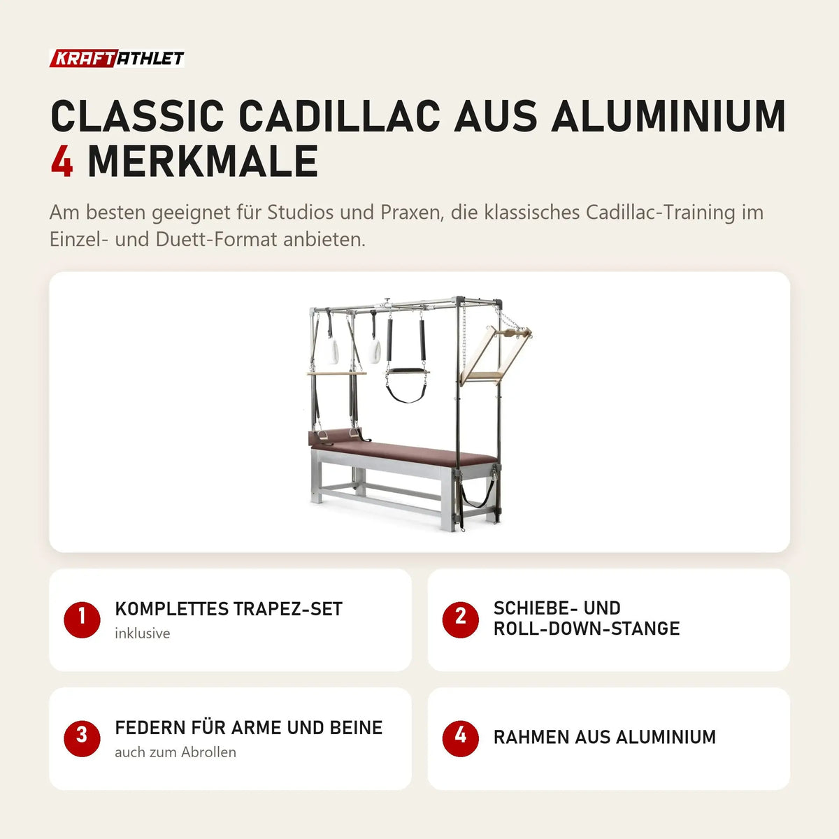 Elina Pilates Classic Cadillac aus Aluminium mit 4 Merkmalen: Komplettes Trapez-Set, Schiebe- und Roll-Down-Stange, Federn für Arme und Beine, Rahmen aus Aluminium