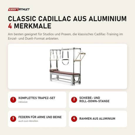 Elina Pilates Classic Cadillac aus Aluminium mit 4 Merkmalen: Komplettes Trapez-Set, Schiebe- und Roll-Down-Stange, Federn für Arme und Beine, Rahmen aus Aluminium