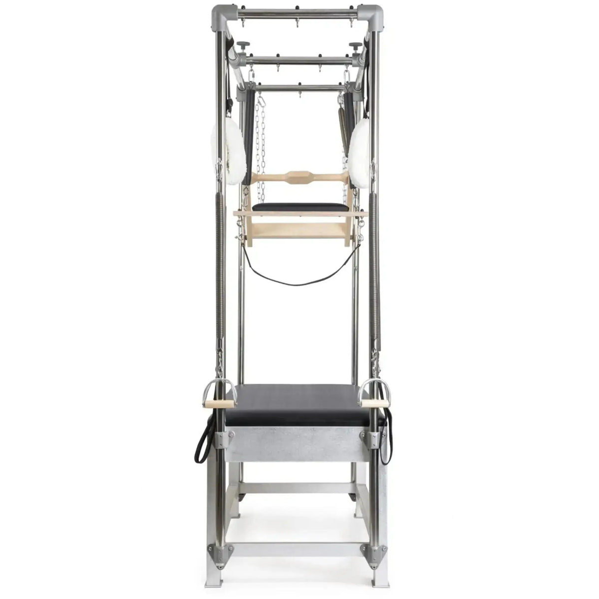 Elina Pilates Classic Cadillac aus Aluminium – schmale Stirnansicht mit Trapezrahmen