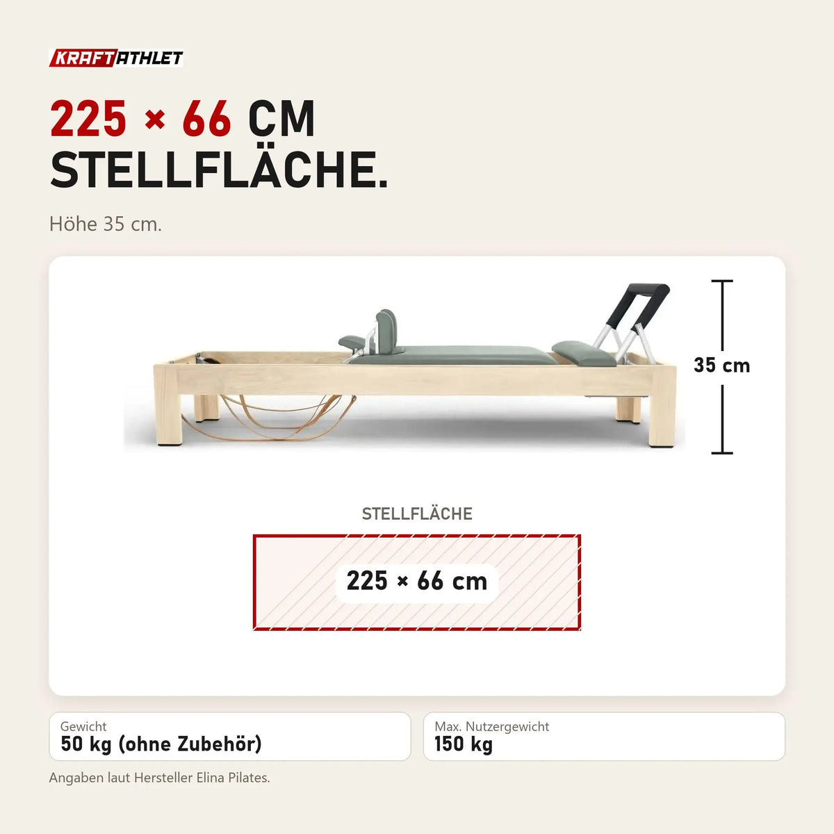 Maßbild Elina Pilates Classic Reformer aus Ahornholz: Stellfläche 225 × 66 cm, Höhe 35 cm