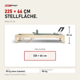 Maßbild Elina Pilates Classic Reformer aus Ahornholz: Stellfläche 225 × 66 cm, Höhe 35 cm