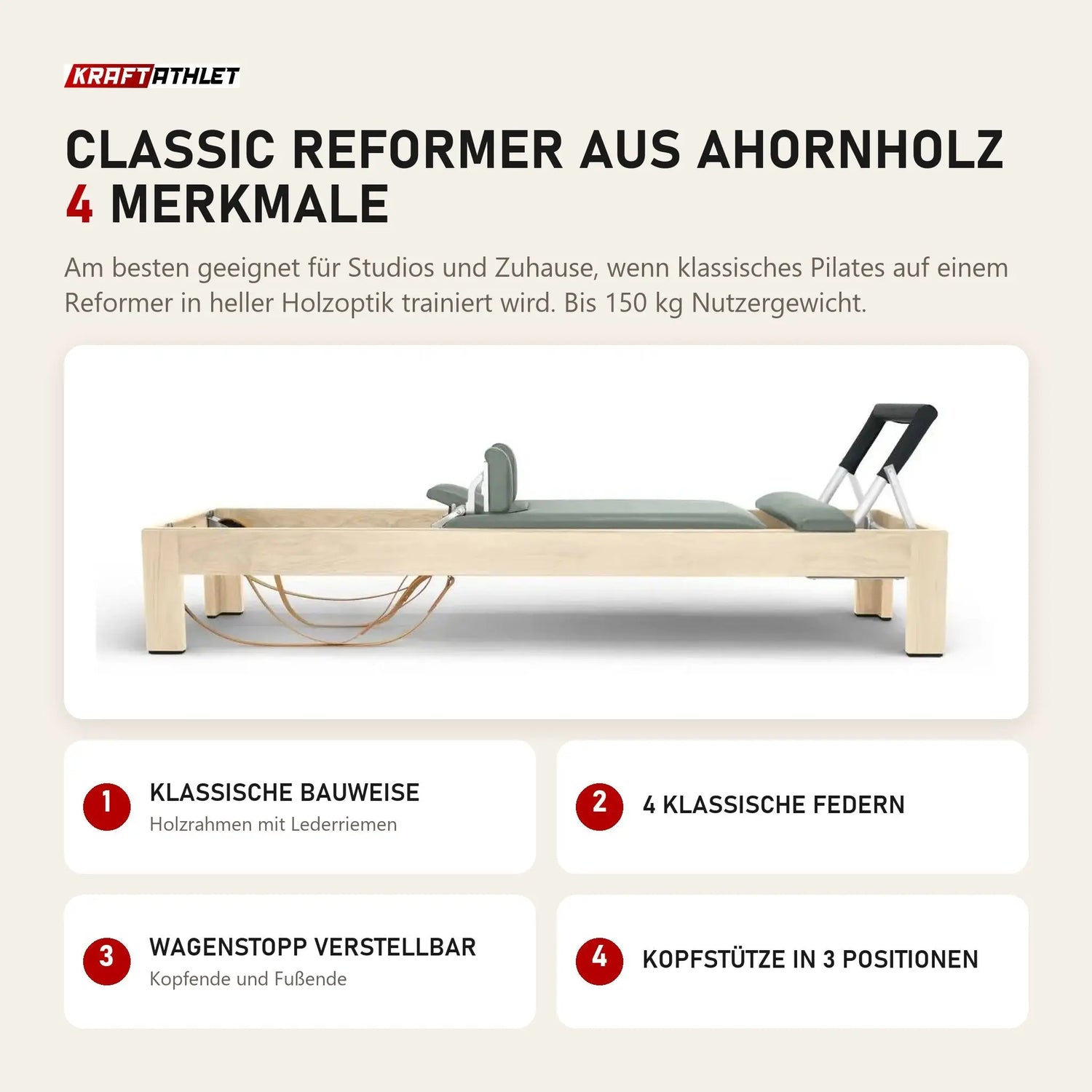 Elina Pilates Classic Reformer aus Ahornholz mit 4 Merkmalen: Klassische Bauweise, 4 klassische Federn, Wagenstopp verstellbar, Kopfstütze in 3 Positionen