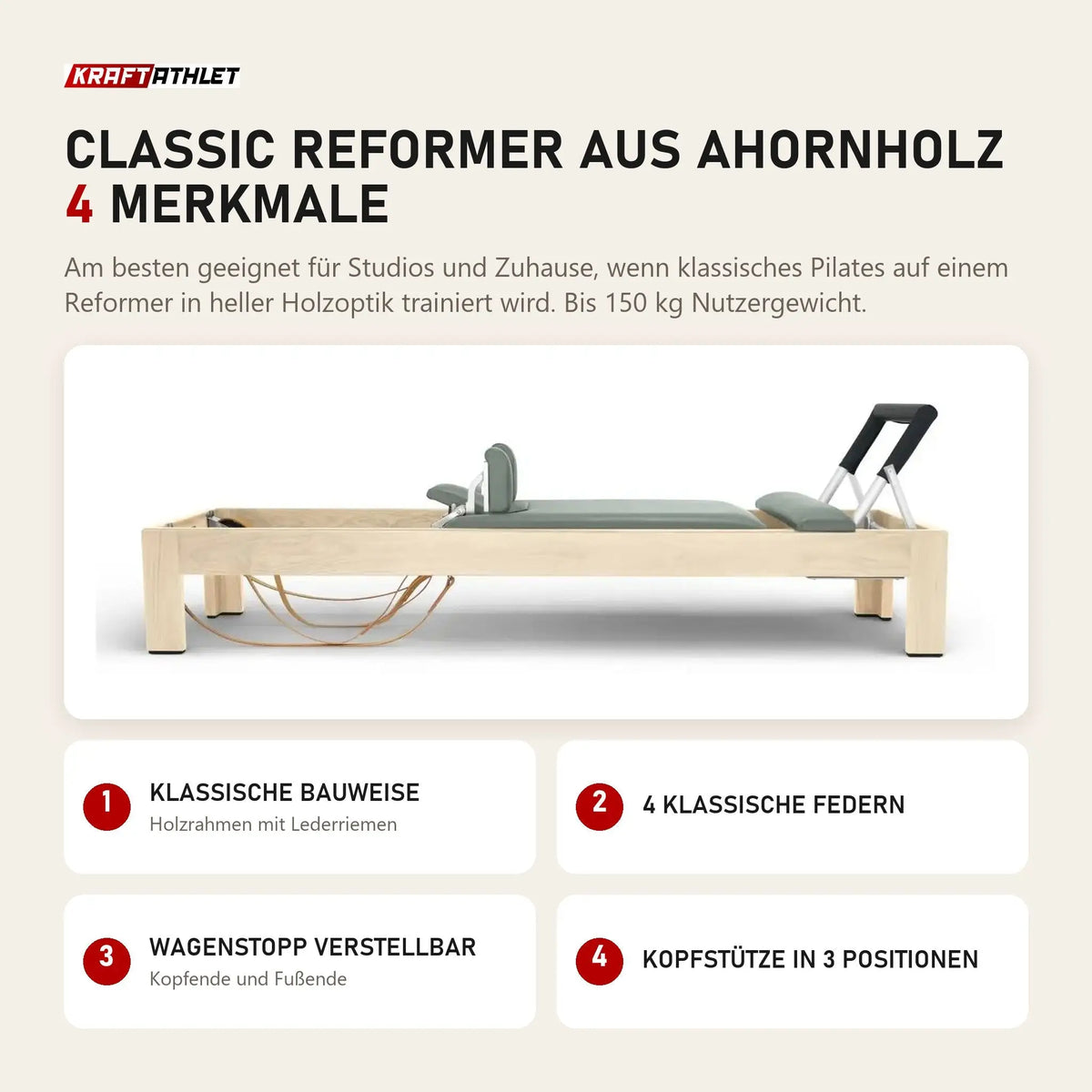 Elina Pilates Classic Reformer aus Ahornholz mit 4 Merkmalen: Klassische Bauweise, 4 klassische Federn, Wagenstopp verstellbar, Kopfstütze in 3 Positionen
