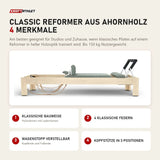 Elina Pilates Classic Reformer aus Ahornholz mit 4 Merkmalen: Klassische Bauweise, 4 klassische Federn, Wagenstopp verstellbar, Kopfstütze in 3 Positionen