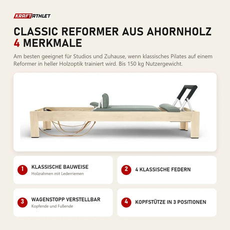 Elina Pilates Classic Reformer aus Ahornholz mit 4 Merkmalen: Klassische Bauweise, 4 klassische Federn, Wagenstopp verstellbar, Kopfstütze in 3 Positionen
