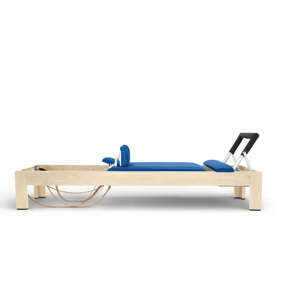 Elina Pilates Classic Reformer aus Ahornholz mit blauem Polster, Seitenansicht