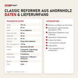 Technische Daten und Lieferumfang von Elina Pilates Classic Reformer aus Ahornholz als Tabelle
