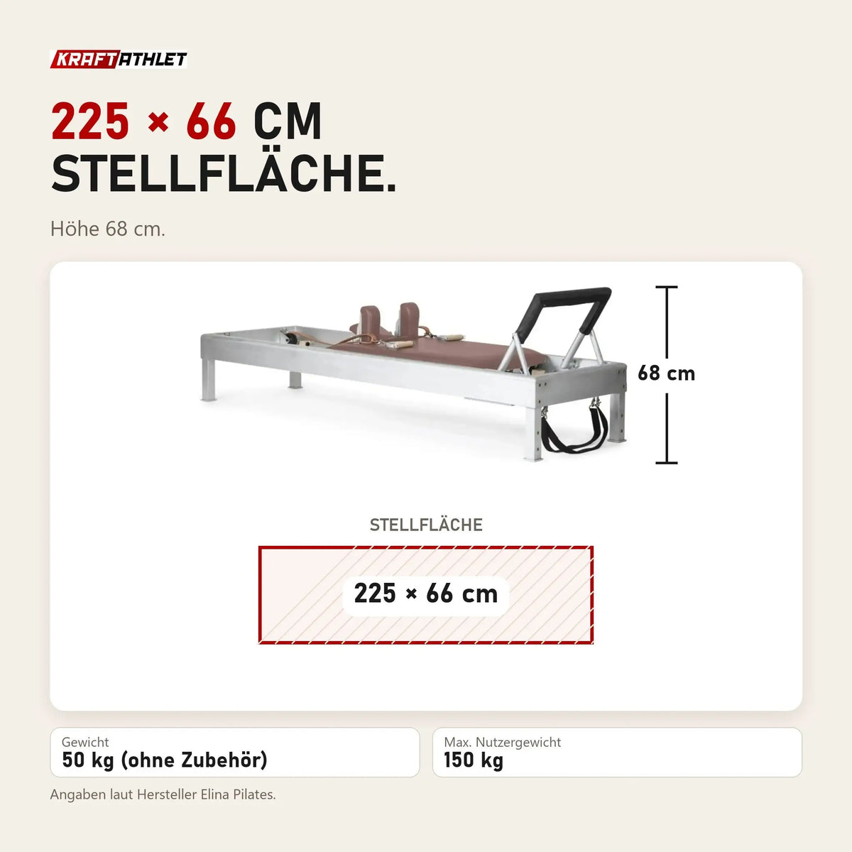 Maßbild Elina Pilates Classic Reformer aus Aluminium: Stellfläche 225 × 66 cm, Höhe 68 cm