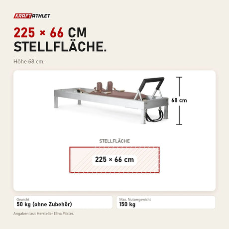 Maßbild Elina Pilates Classic Reformer aus Aluminium: Stellfläche 225 × 66 cm, Höhe 68 cm