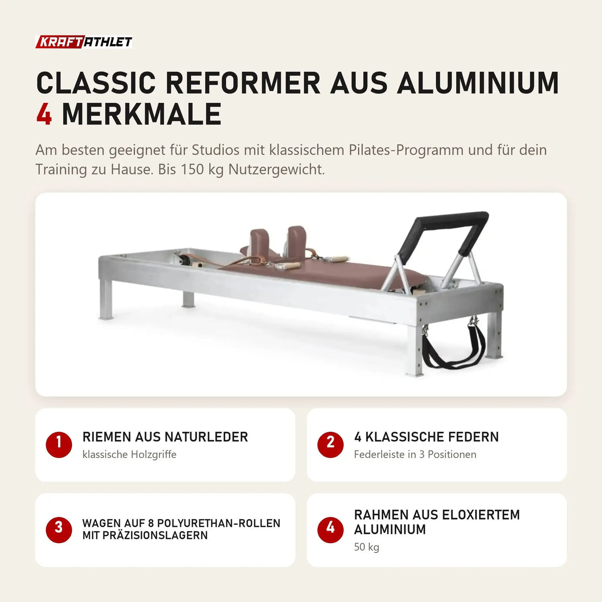 Elina Pilates Classic Reformer aus Aluminium mit 4 Merkmalen: Riemen aus Naturleder, 4 klassische Federn, Wagen auf 8 Polyurethan-Rollen mit Präzisionslagern, Rahmen aus eloxiertem Aluminium