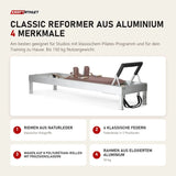 Elina Pilates Classic Reformer aus Aluminium mit 4 Merkmalen: Riemen aus Naturleder, 4 klassische Federn, Wagen auf 8 Polyurethan-Rollen mit Präzisionslagern, Rahmen aus eloxiertem Aluminium