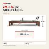 Maßbild Elina Pilates Classic Reformer aus Walnussholz: Stellfläche 225 × 66 cm, Höhe 35 cm