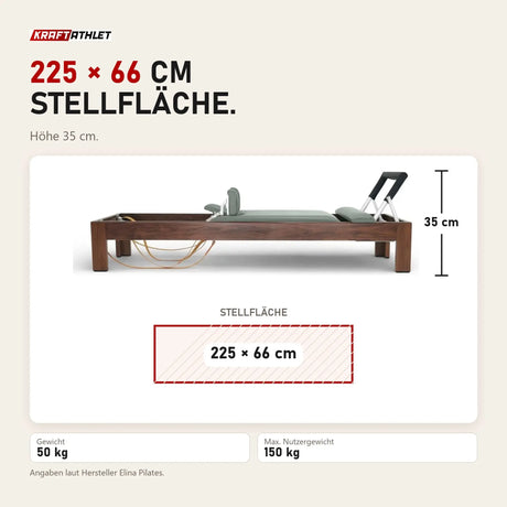 Maßbild Elina Pilates Classic Reformer aus Walnussholz: Stellfläche 225 × 66 cm, Höhe 35 cm