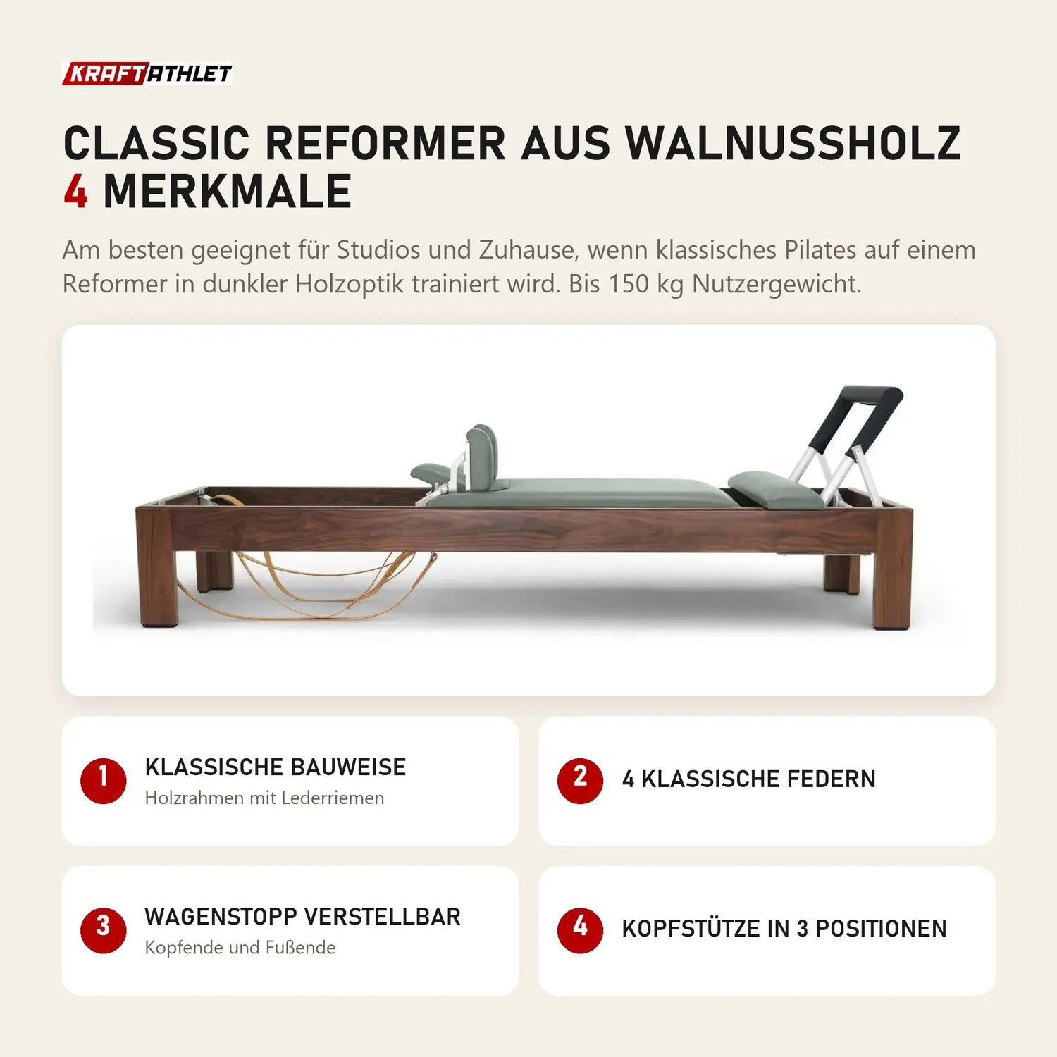 Elina Pilates Classic Reformer aus Walnussholz mit 4 Merkmalen: Klassische Bauweise, 4 klassische Federn, Wagenstopp verstellbar, Kopfstütze in 3 Positionen