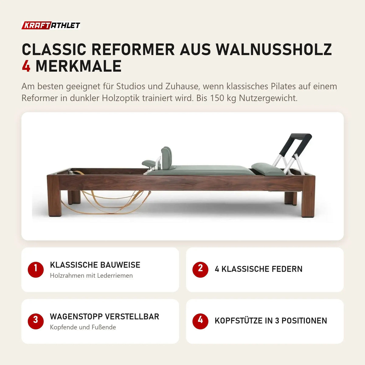 Elina Pilates Classic Reformer aus Walnussholz mit 4 Merkmalen: Klassische Bauweise, 4 klassische Federn, Wagenstopp verstellbar, Kopfstütze in 3 Positionen