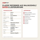 Technische Daten und Lieferumfang von Elina Pilates Classic Reformer aus Walnussholz als Tabelle