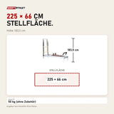 Maßbild Elina Pilates Classic Reformer mit Tower aus Aluminium: Stellfläche 225 × 66 cm, Höhe 183,5 cm