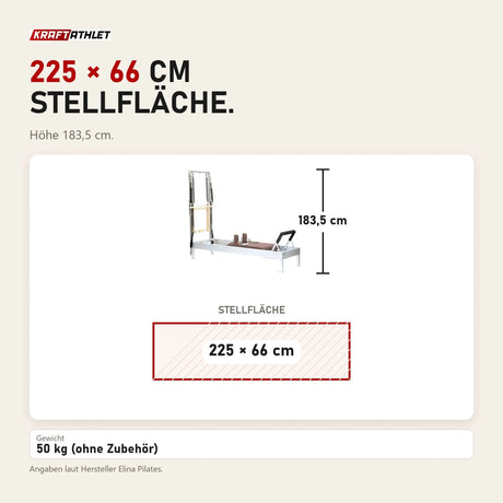 Maßbild Elina Pilates Classic Reformer mit Tower aus Aluminium: Stellfläche 225 × 66 cm, Höhe 183,5 cm