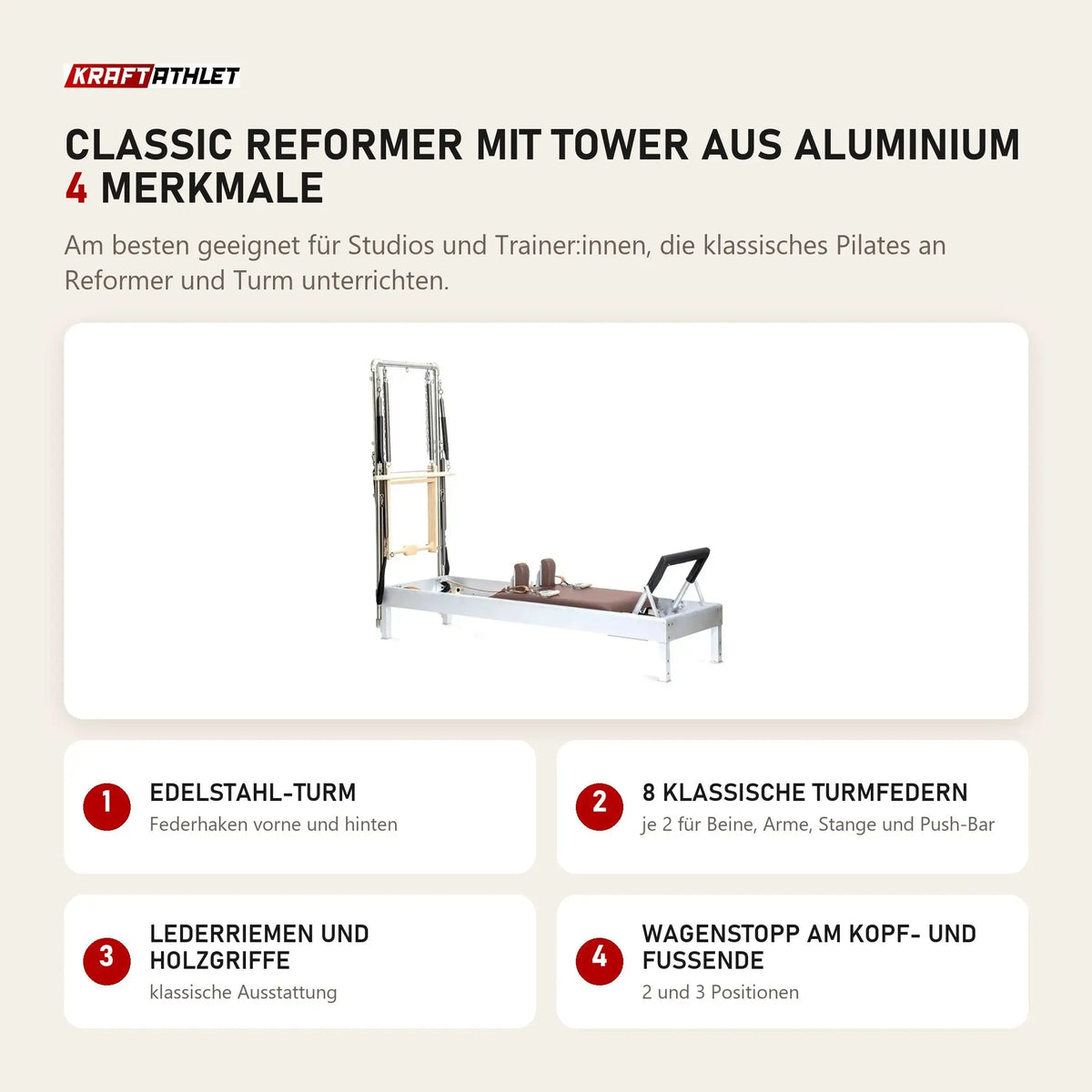 Elina Pilates Classic Reformer mit Tower aus Aluminium mit 4 Merkmalen: Edelstahl-Turm, 8 klassische Turmfedern, Lederriemen und Holzgriffe, Wagenstopp am Kopf- und Fußende