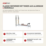 Elina Pilates Classic Reformer mit Tower aus Aluminium mit 4 Merkmalen: Edelstahl-Turm, 8 klassische Turmfedern, Lederriemen und Holzgriffe, Wagenstopp am Kopf- und Fußende