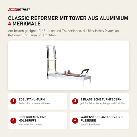 Elina Pilates Classic Reformer mit Tower aus Aluminium mit 4 Merkmalen: Edelstahl-Turm, 8 klassische Turmfedern, Lederriemen und Holzgriffe, Wagenstopp am Kopf- und Fußende