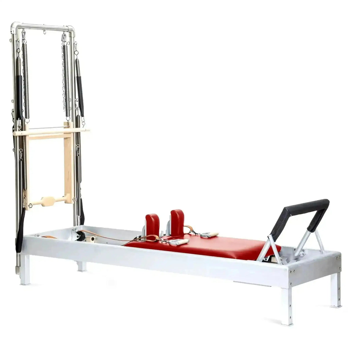 Elina Pilates Classic Reformer mit Tower aus Aluminium – Seitenansicht mit Polstern in Rot, freigestellt vor weißem Hintergrund