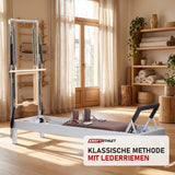 Elina Pilates Classic Reformer mit Tower aus Aluminium in einem hellen Pilates-Studio mit Holz und Leinen
