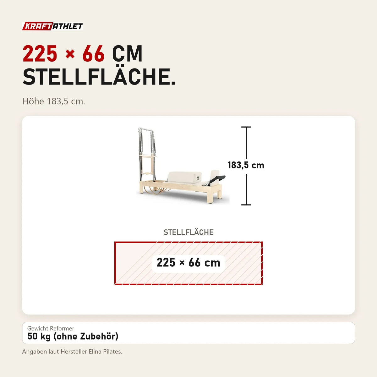 Maßbild Elina Pilates Classic Reformer mit Tower aus Ahornholz: Stellfläche 225 × 66 cm, Höhe 183,5 cm