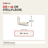 Maßbild Elina Pilates Classic Reformer mit Tower aus Ahornholz: Stellfläche 225 × 66 cm, Höhe 183,5 cm