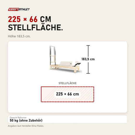 Maßbild Elina Pilates Classic Reformer mit Tower aus Ahornholz: Stellfläche 225 × 66 cm, Höhe 183,5 cm