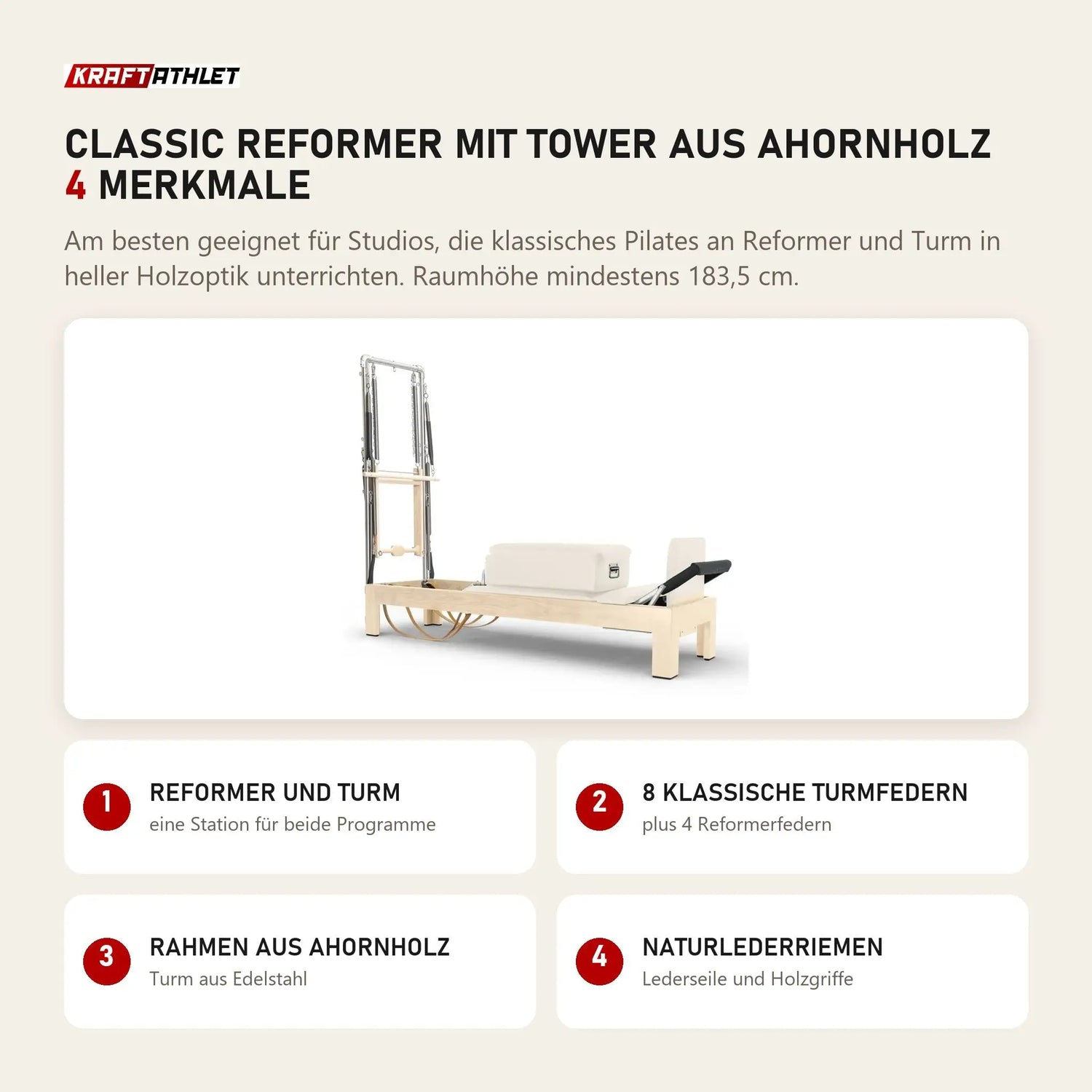 Elina Pilates Classic Reformer mit Tower aus Ahornholz mit 4 Merkmalen: Reformer und Turm, 8 klassische Turmfedern, Rahmen aus Ahornholz, Naturlederriemen