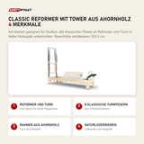 Elina Pilates Classic Reformer mit Tower aus Ahornholz mit 4 Merkmalen: Reformer und Turm, 8 klassische Turmfedern, Rahmen aus Ahornholz, Naturlederriemen