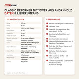 Technische Daten und Lieferumfang von Elina Pilates Classic Reformer mit Tower aus Ahornholz als Tabelle