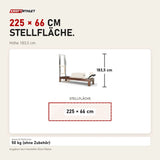 Maßbild Elina Pilates Classic Reformer mit Tower aus Walnussholz: Stellfläche 225 × 66 cm, Höhe 183,5 cm
