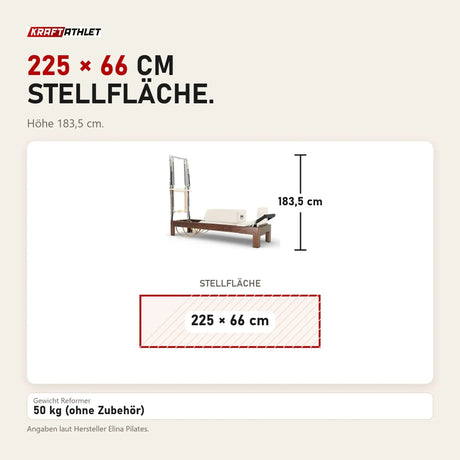 Maßbild Elina Pilates Classic Reformer mit Tower aus Walnussholz: Stellfläche 225 × 66 cm, Höhe 183,5 cm