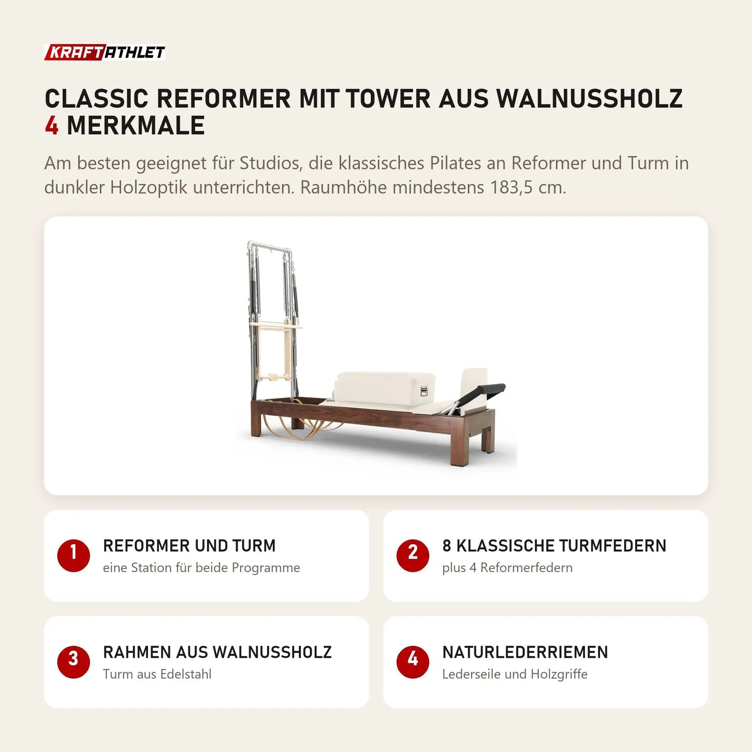 Elina Pilates Classic Reformer mit Tower aus Walnussholz mit 4 Merkmalen: Reformer und Turm, 8 klassische Turmfedern, Rahmen aus Walnussholz, Naturlederriemen